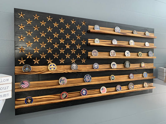 Black and White Tan Challenge Coin Display Rack Holder - Rustic American Flag