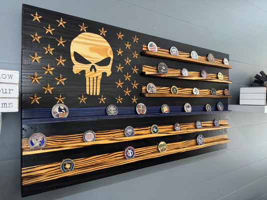 Thin Blue Line Punisher Coin Display Rack Holder - Rustic American Flag