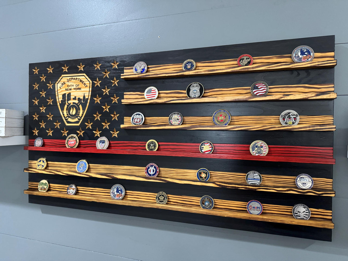 Thin Red Line FDNY Coin Display Rack Holder - Rustic American Flag