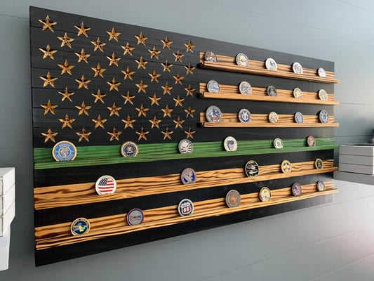 Thin Green Line Challenge Coin Display Rack Holder - Rustic American Flag Military Army Air Force Navy Marines