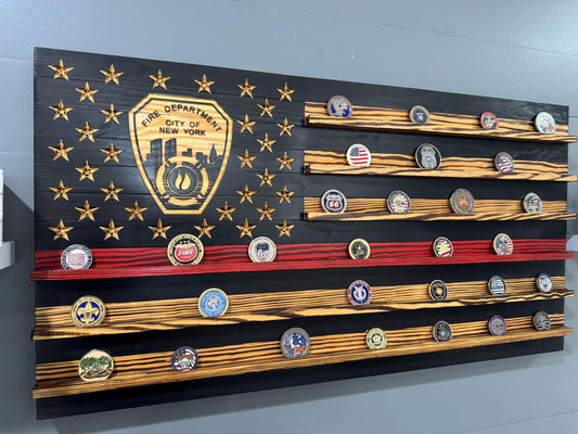 Thin Red Line FDNY Coin Display Rack Holder - Rustic American Flag