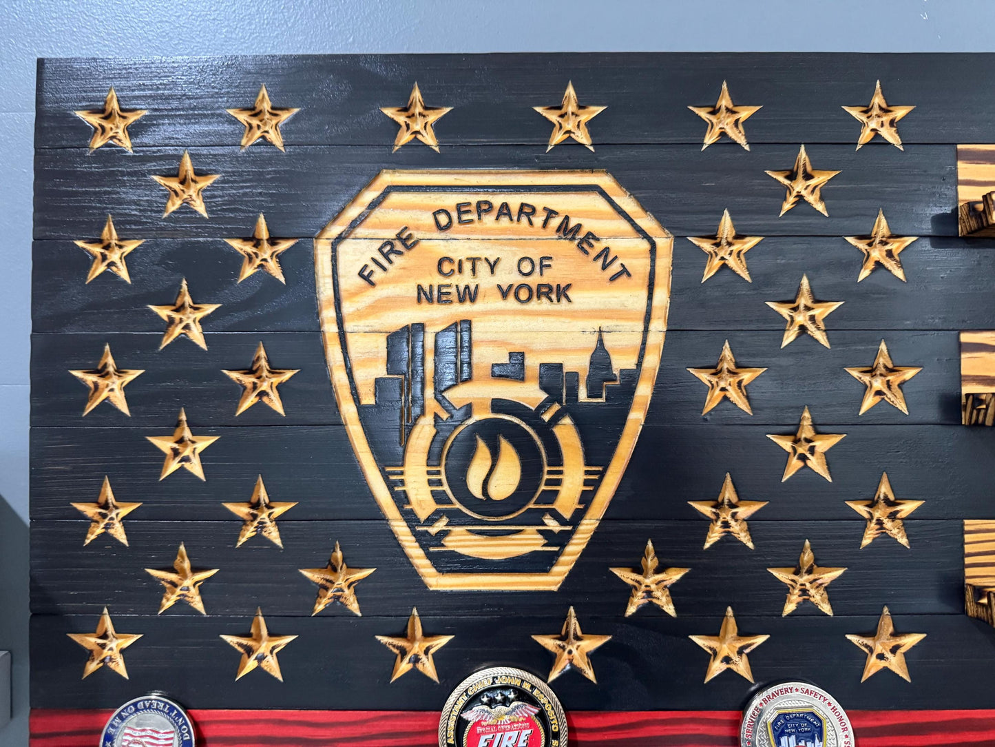 Thin Red Line FDNY Coin Display Rack Holder - Rustic American Flag