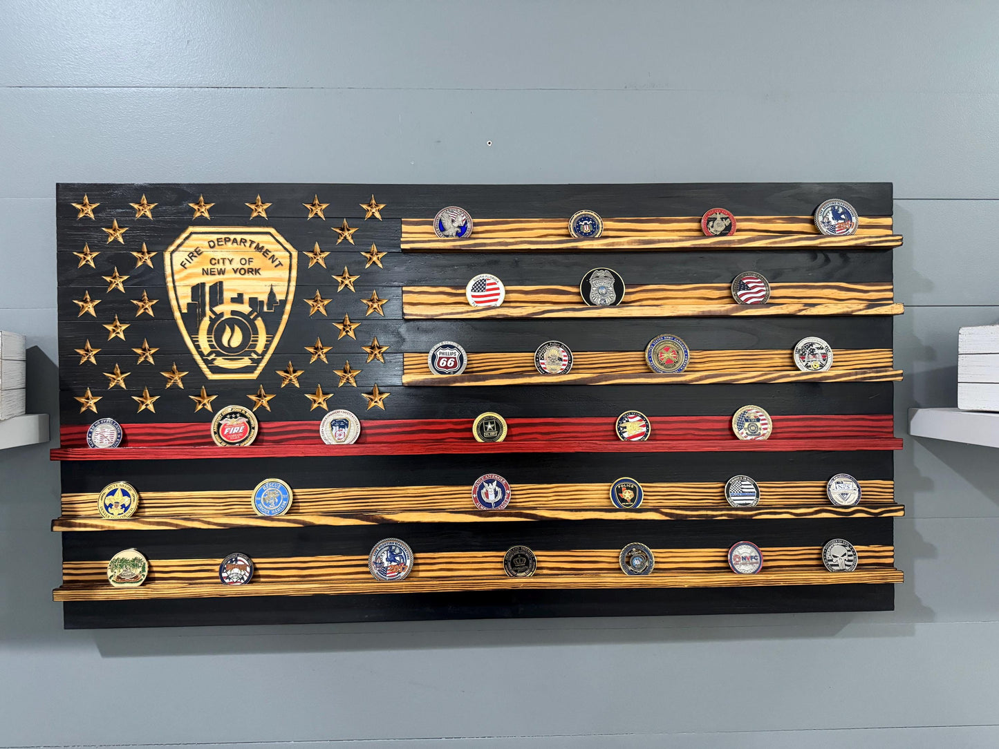 Thin Red Line FDNY Coin Display Rack Holder - Rustic American Flag