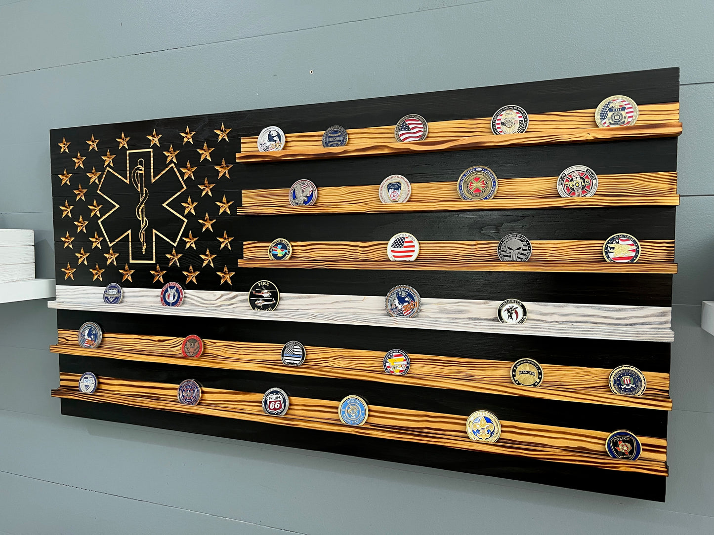 Thin White Line Star of Life Challenge Coin Display Rack Holder - Rustic American Flag EMS