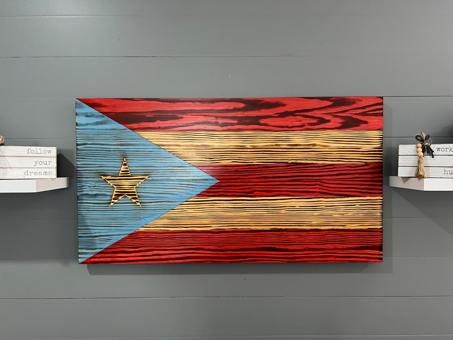 Rustic Puerto Rican Flag Wall Art - Hand Made - Burned wood