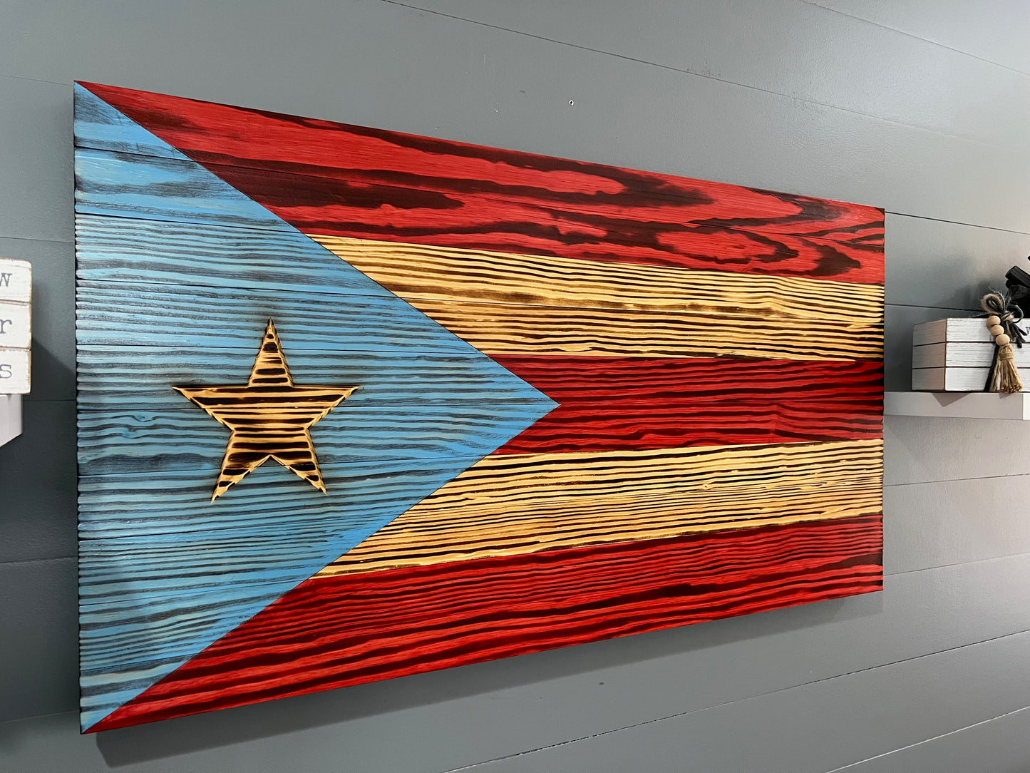 Rustic Puerto Rican Flag Wall Art - Hand Made - Burned wood