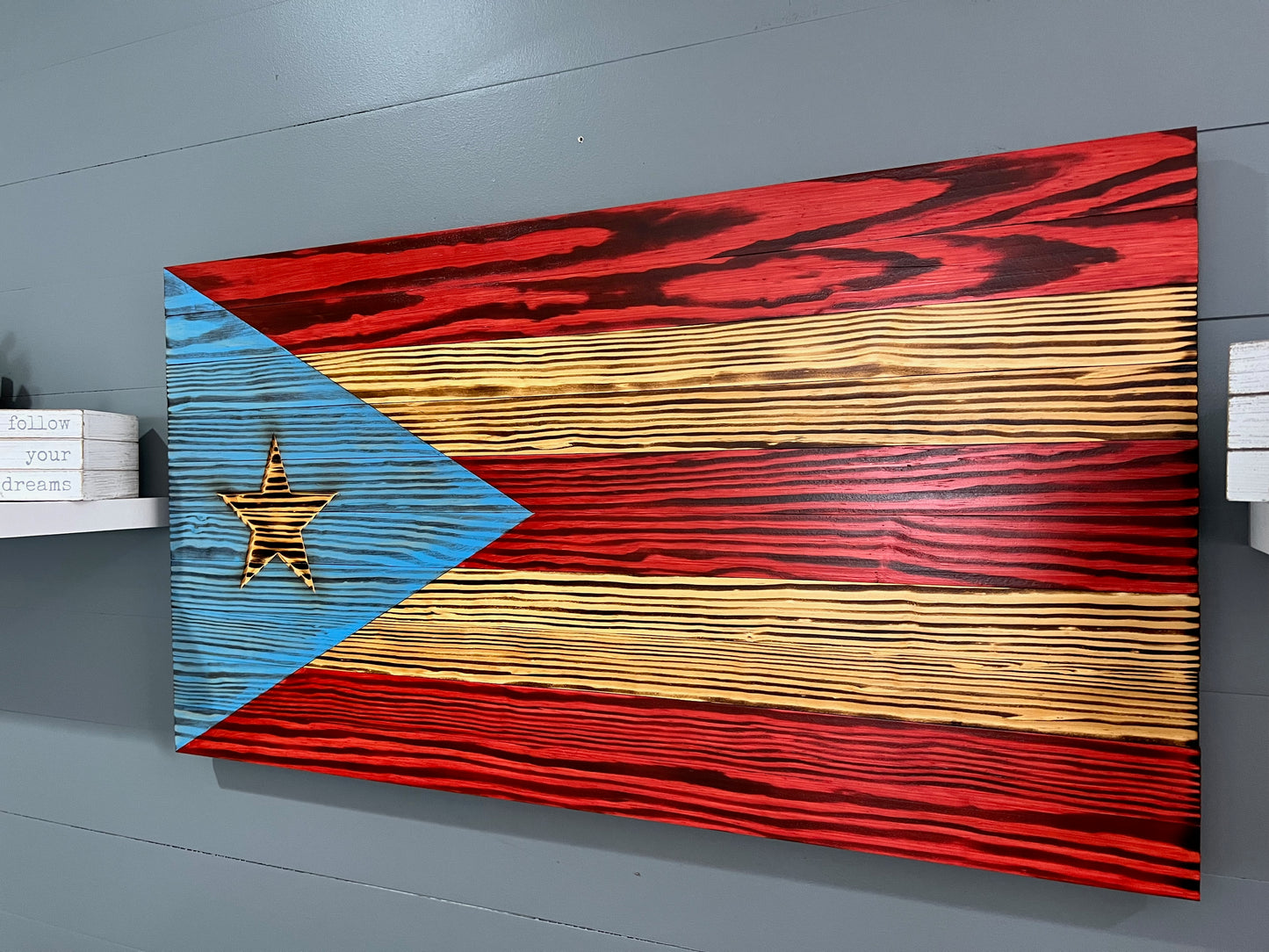 Rustic Puerto Rican Flag Wall Art - Hand Made - Burned wood