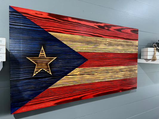 Rustic Puerto Rican Flag Wall Art - Hand Made - Burned wood