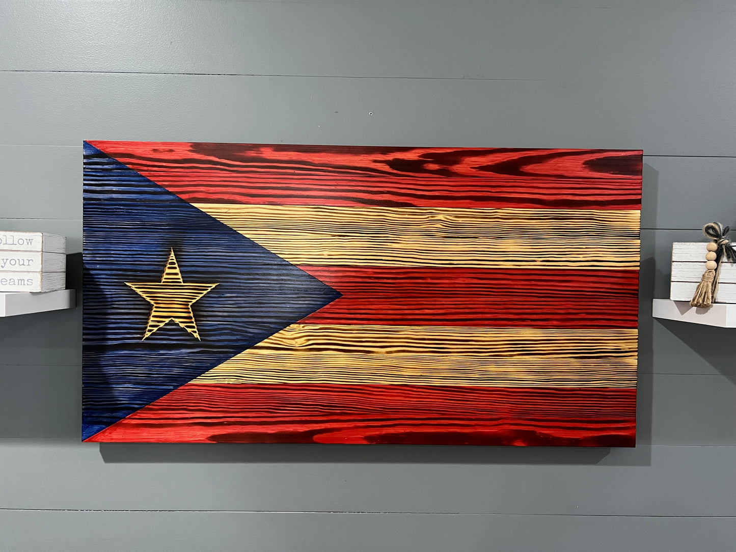 Rustic Puerto Rican Flag Wall Art - Hand Made - Burned wood