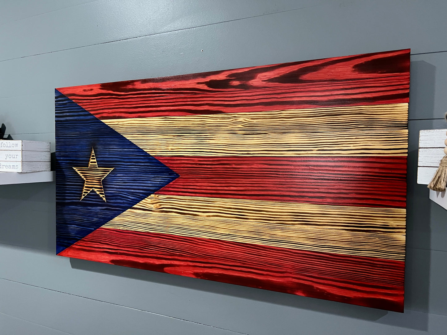 Rustic Puerto Rican Flag Wall Art - Hand Made - Burned wood
