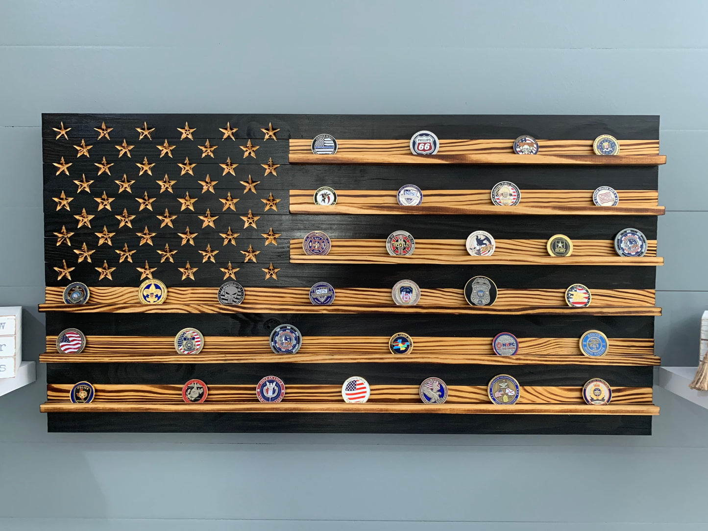 Black and White Tan Challenge Coin Display Rack Holder - Rustic American Flag