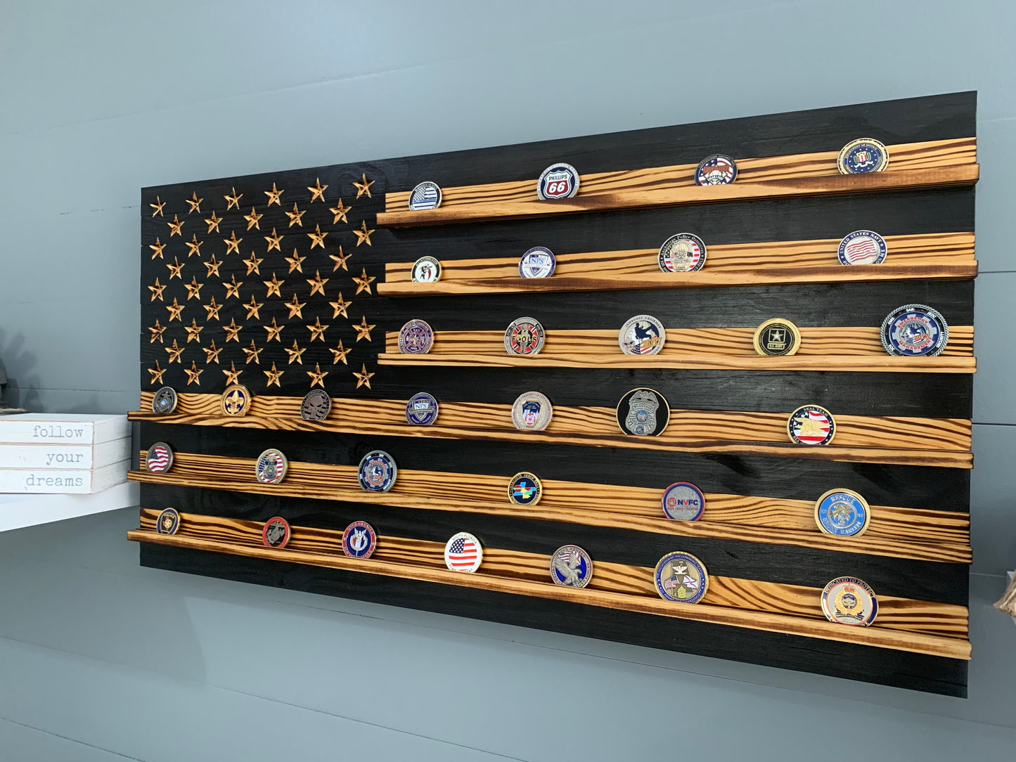 Black and White Tan Challenge Coin Display Rack Holder - Rustic American Flag