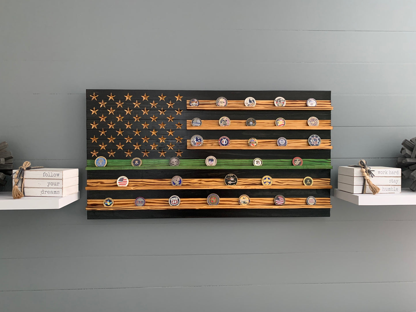 Thin Green Line Challenge Coin Display Rack Holder - Rustic American Flag Military Army Air Force Navy Marines