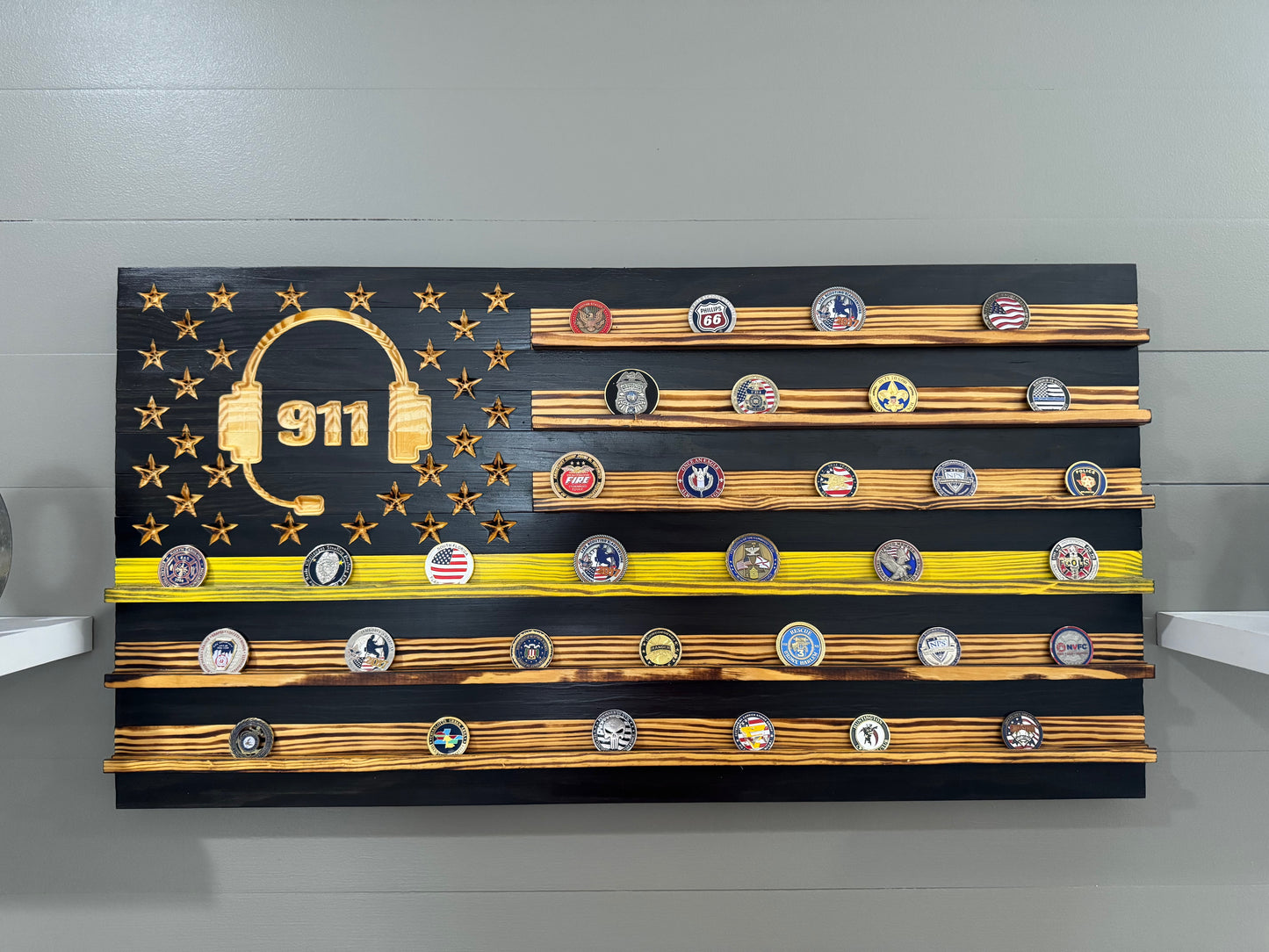 Thin Yellow Line Dispatcher Challenge Coin Display Rack Holder - Rustic American Flag