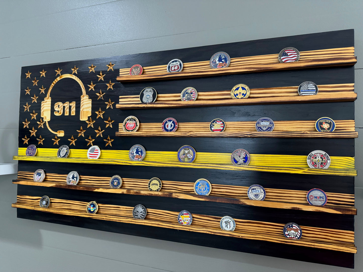 Thin Yellow Line Dispatcher Challenge Coin Display Rack Holder - Rustic American Flag