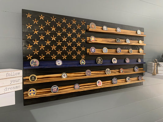 Thin Blue Line Challenge Coin Display Rack Holder - Rustic American Flag