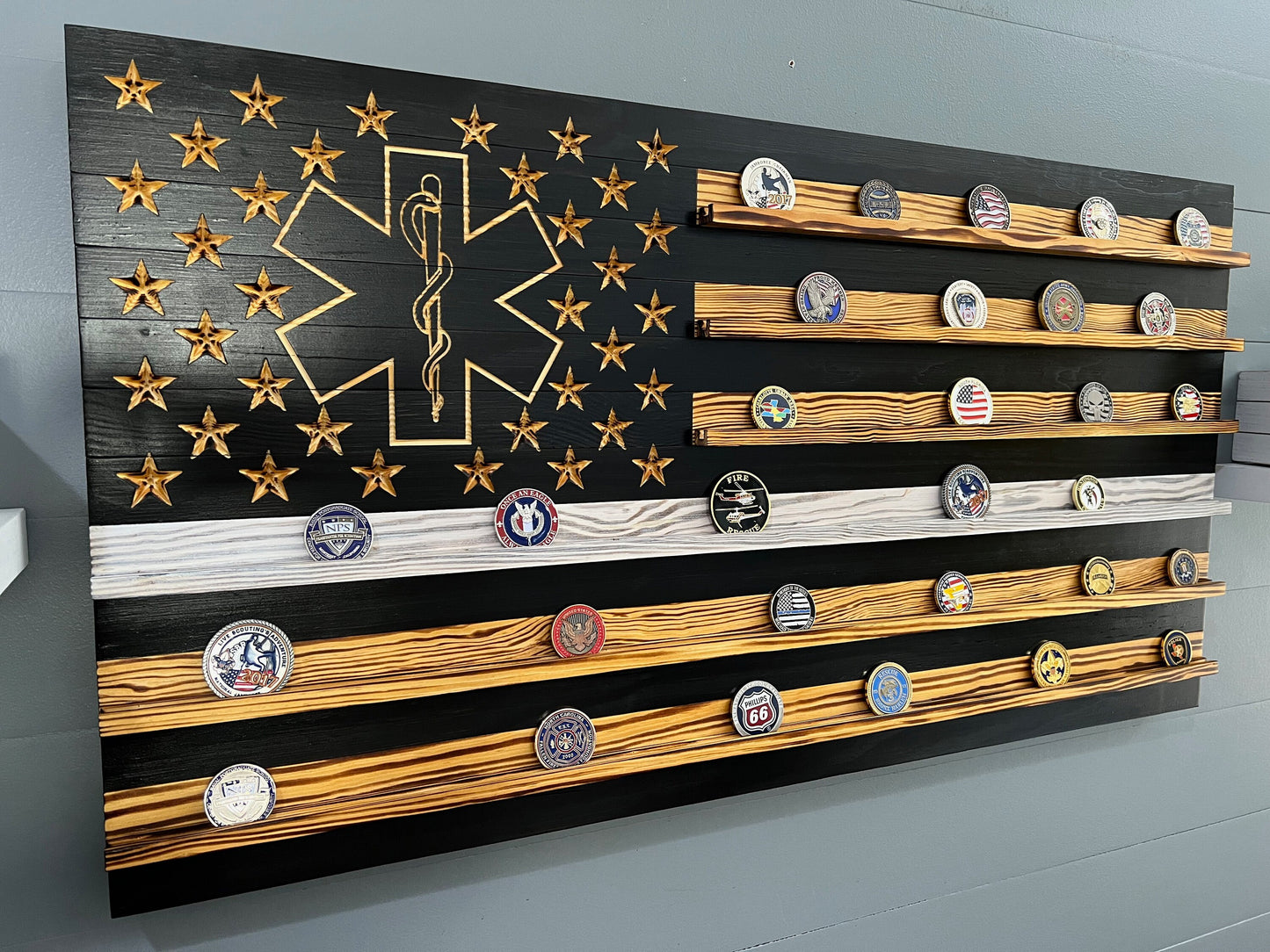 Thin Red Line FDNY Coin Display Rack Holder - Rustic American Flag