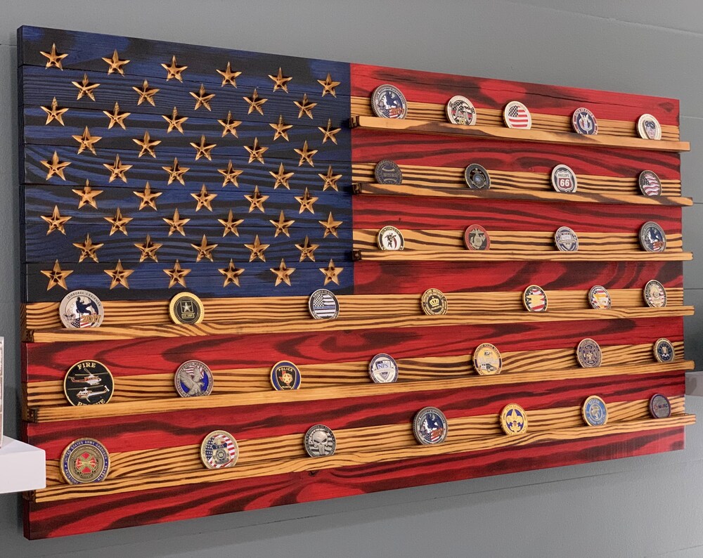 Thin Red Line FDNY Coin Display Rack Holder - Rustic American Flag