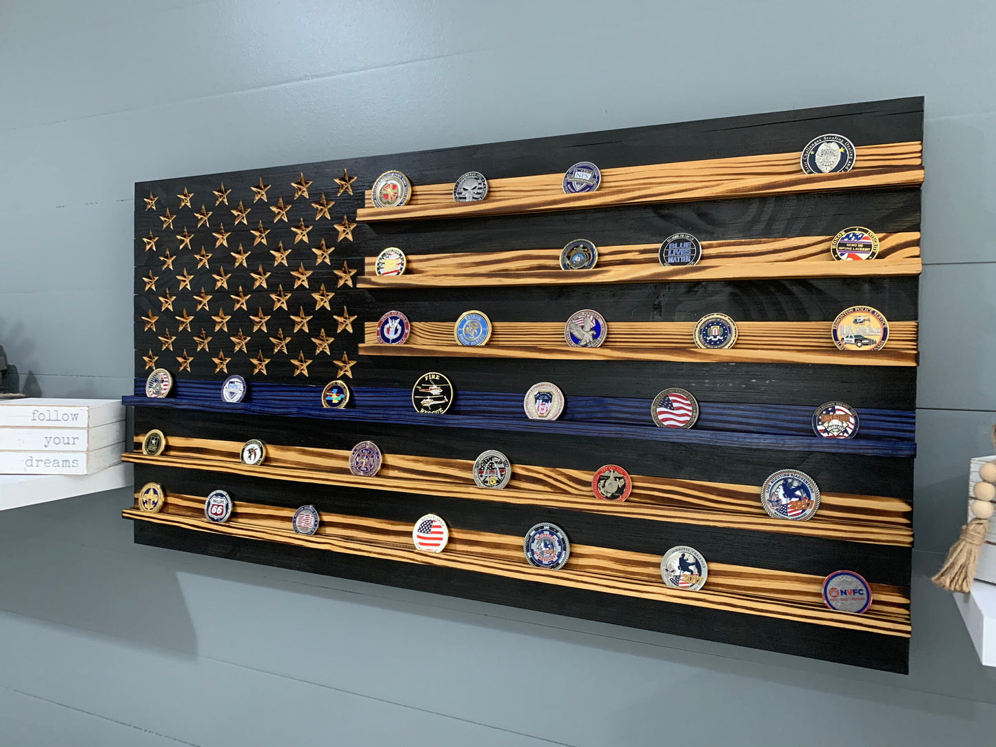 Thin Blue Line Challenge Coin Display Rack Holder - Rustic American Flag