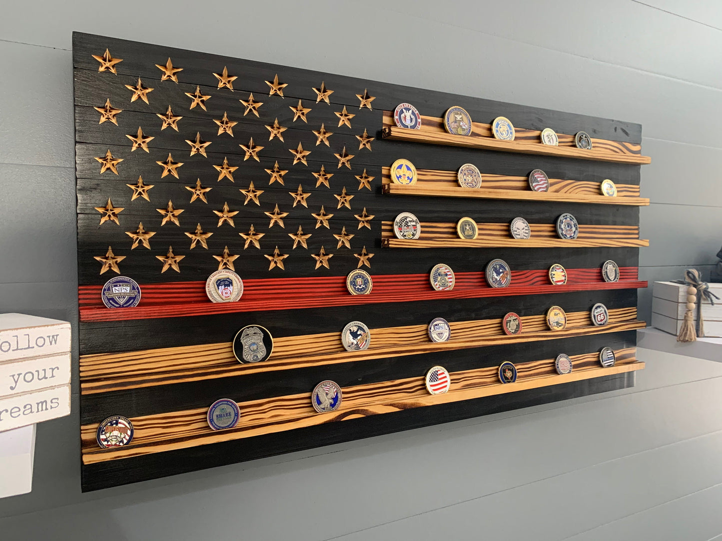 Thin Blue Line Challenge Coin Display Rack Holder - Rustic American Flag