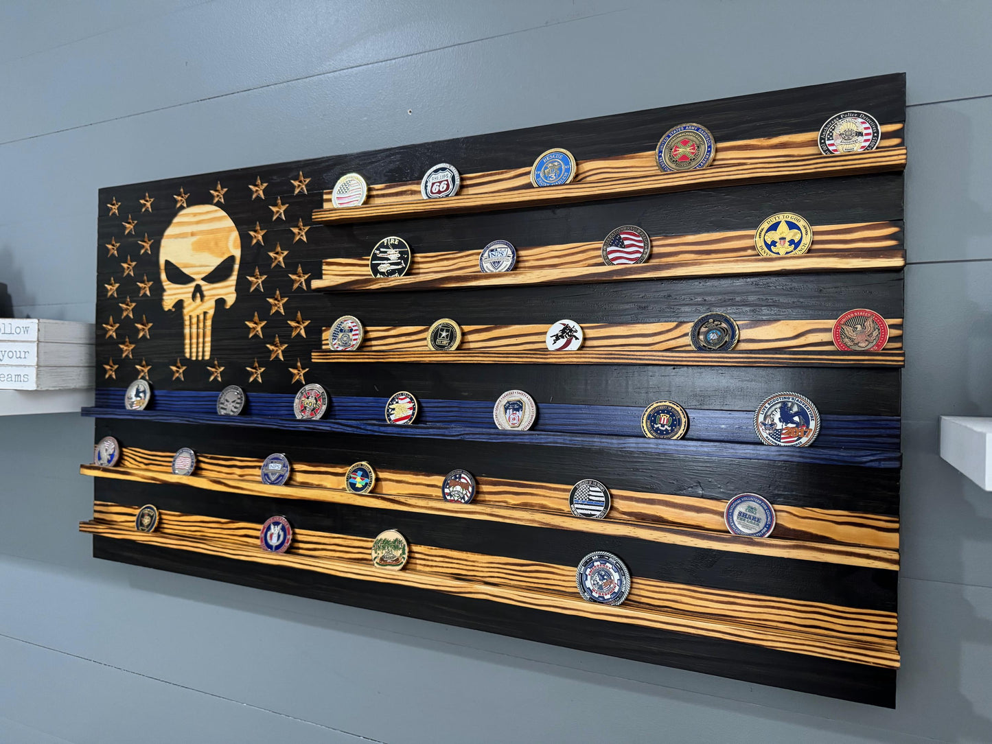 Thin Blue Line Punisher Coin Display Rack Holder - Rustic American Flag