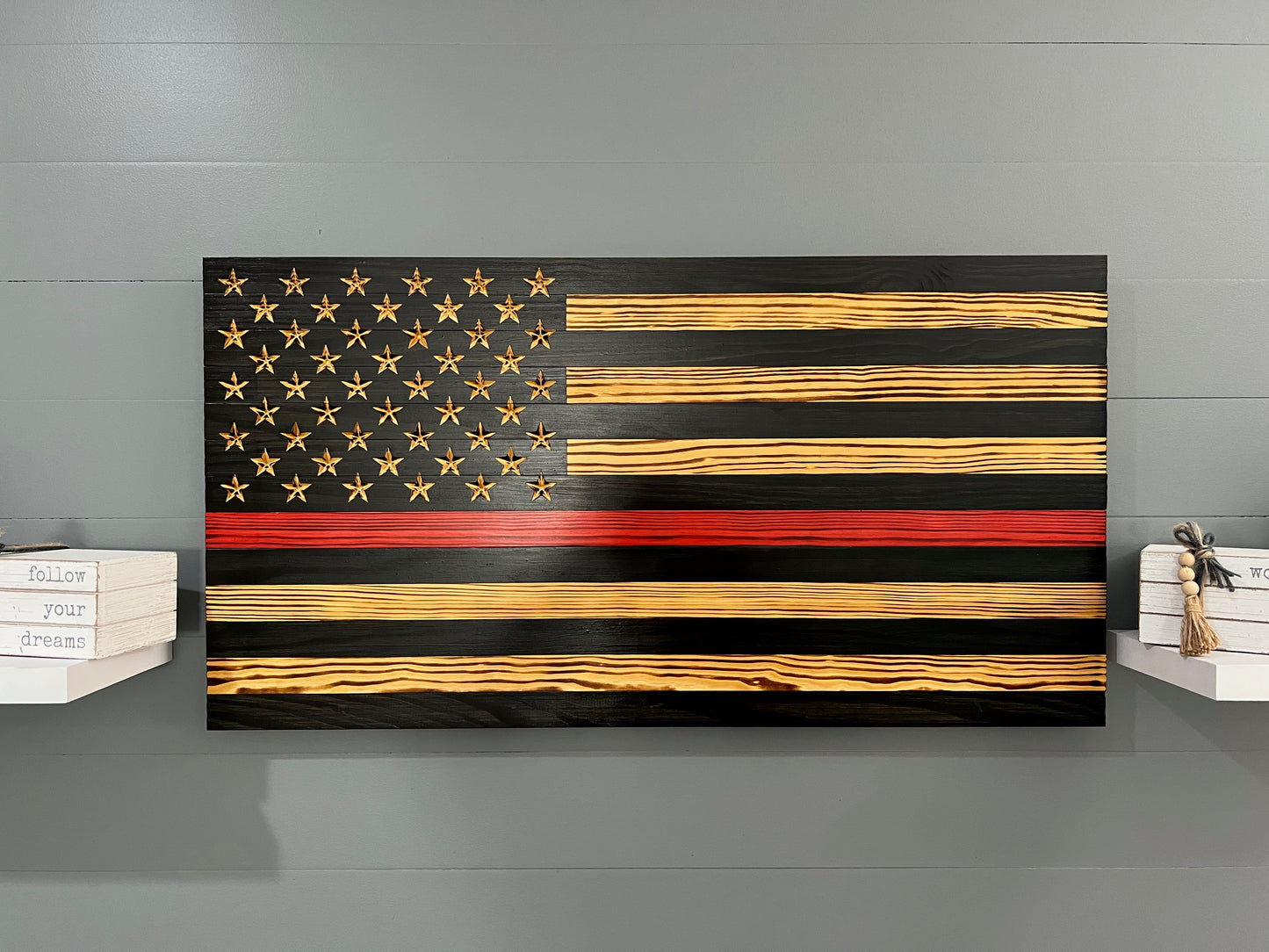 Thin Red Line Rustic American Flag Wall Art