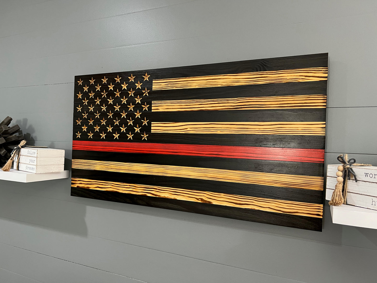 Thin Red Line Rustic American Flag Wall Art