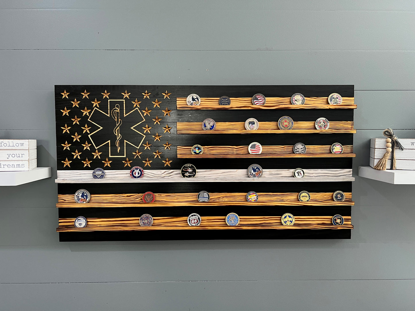 Thin White Line Star of Life Challenge Coin Display Rack Holder - Rustic American Flag EMS