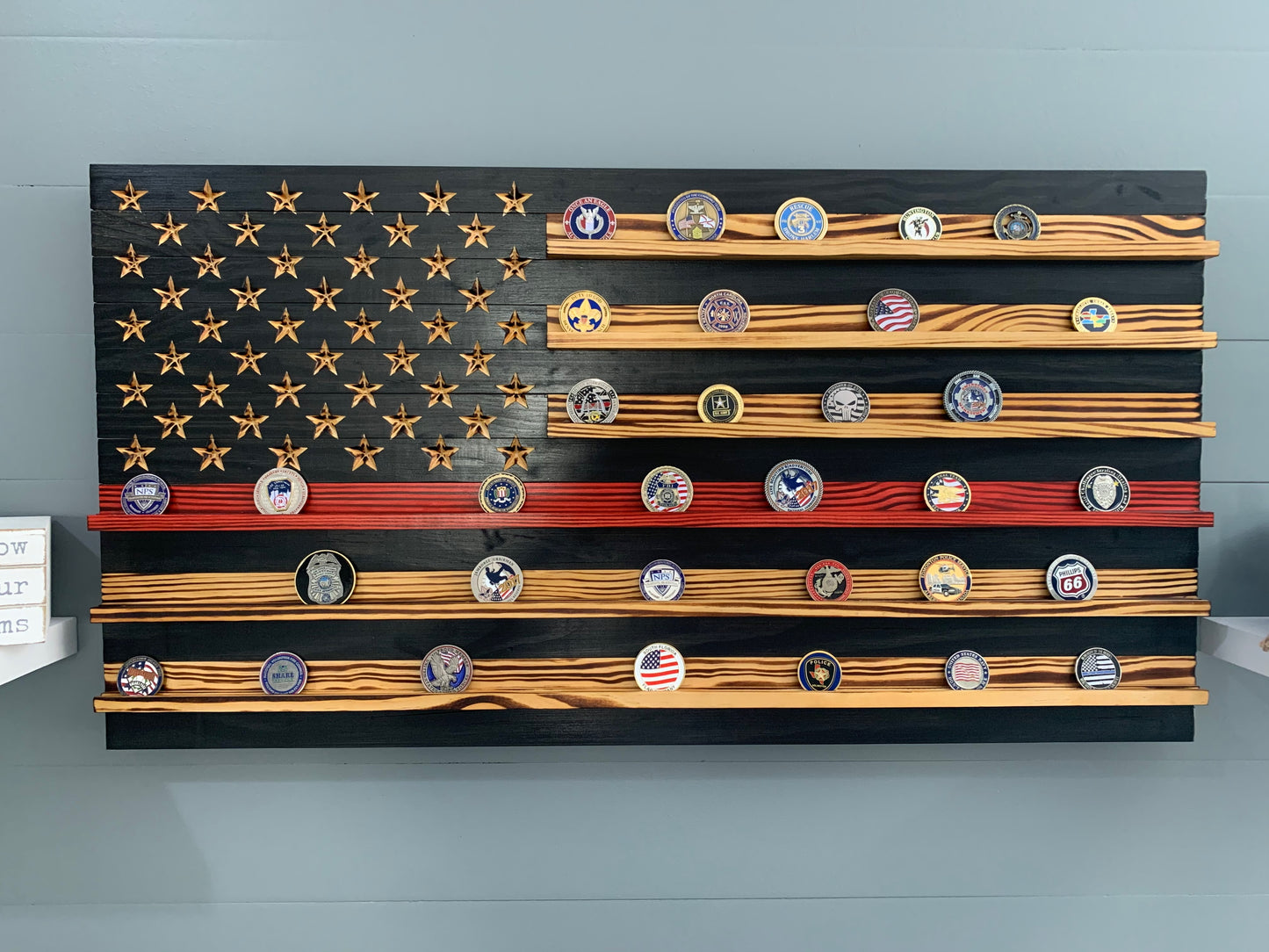 Thin Red Line Challenge Coin Display Rack Holder - Rustic American Flag Firefighter Fire Service