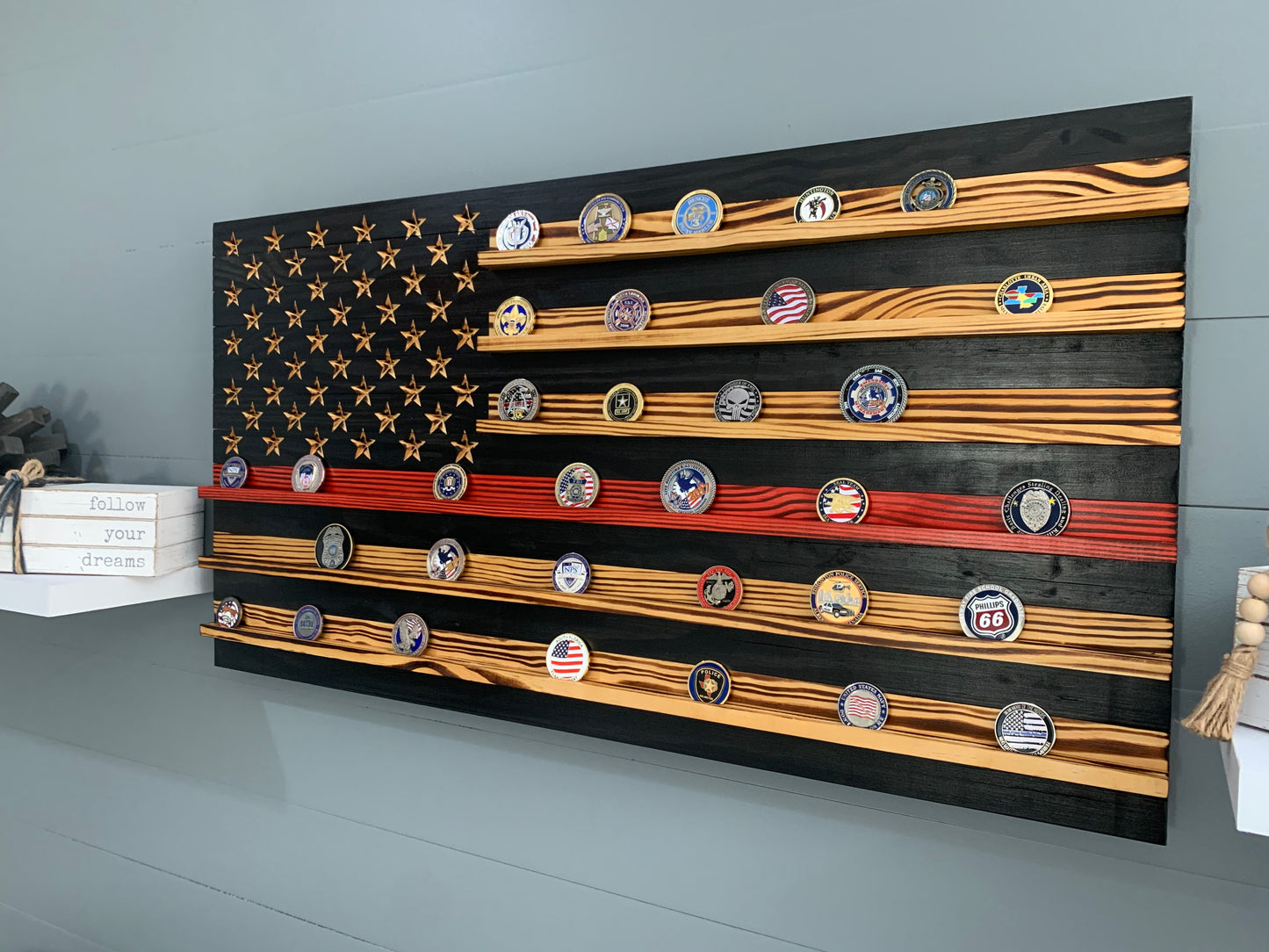 Thin Red Line Challenge Coin Display Rack Holder - Rustic American Flag Firefighter Fire Service