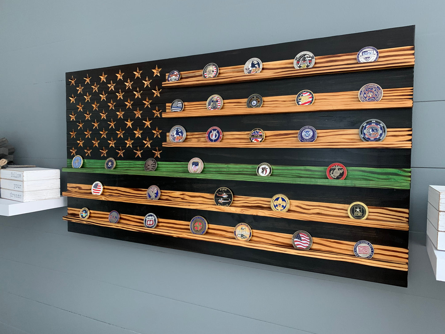 Thin Green Line Challenge Coin Display Rack Holder - Rustic American Flag Military Army Air Force Navy Marines