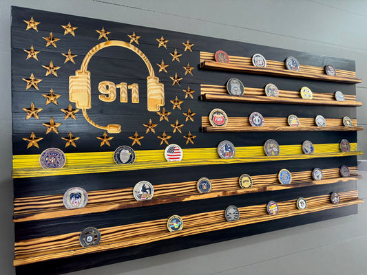 Thin Yellow Line Dispatcher Challenge Coin Display Rack Holder - Rustic American Flag
