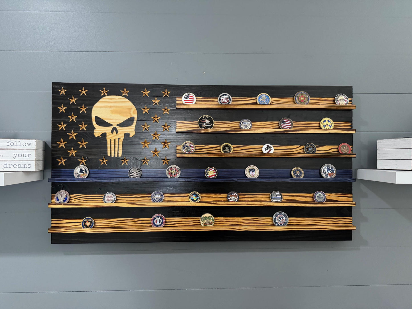 Thin Blue Line Punisher Coin Display Rack Holder - Rustic American Flag
