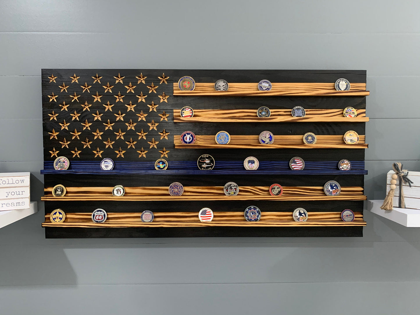 Thin Blue Line Challenge Coin Display Rack Holder - Rustic American Flag