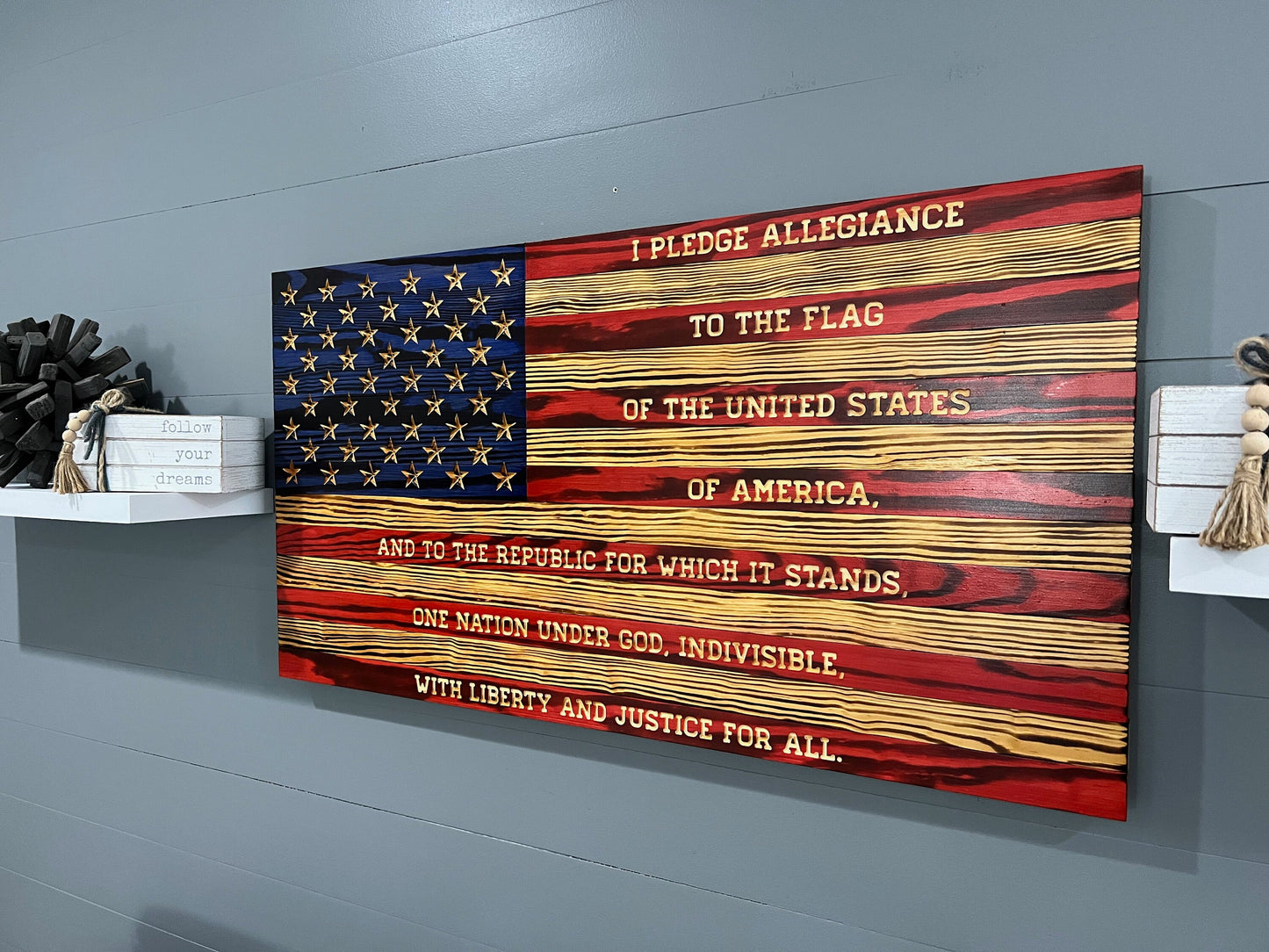 Pledge of Allegiance American Flag Rustic Wooden Wall Art - Wood Flag