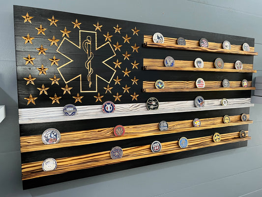 Thin White Line Star of Life Challenge Coin Display Rack Holder - Rustic American Flag EMS